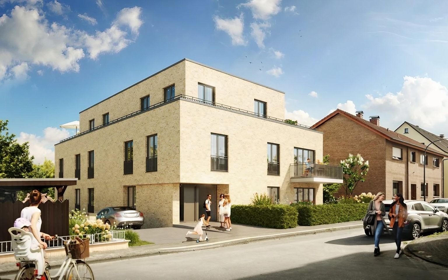 Modernes Mehrfamilienhaus in Bad Lippspringe mit heller Klinkerfassade.