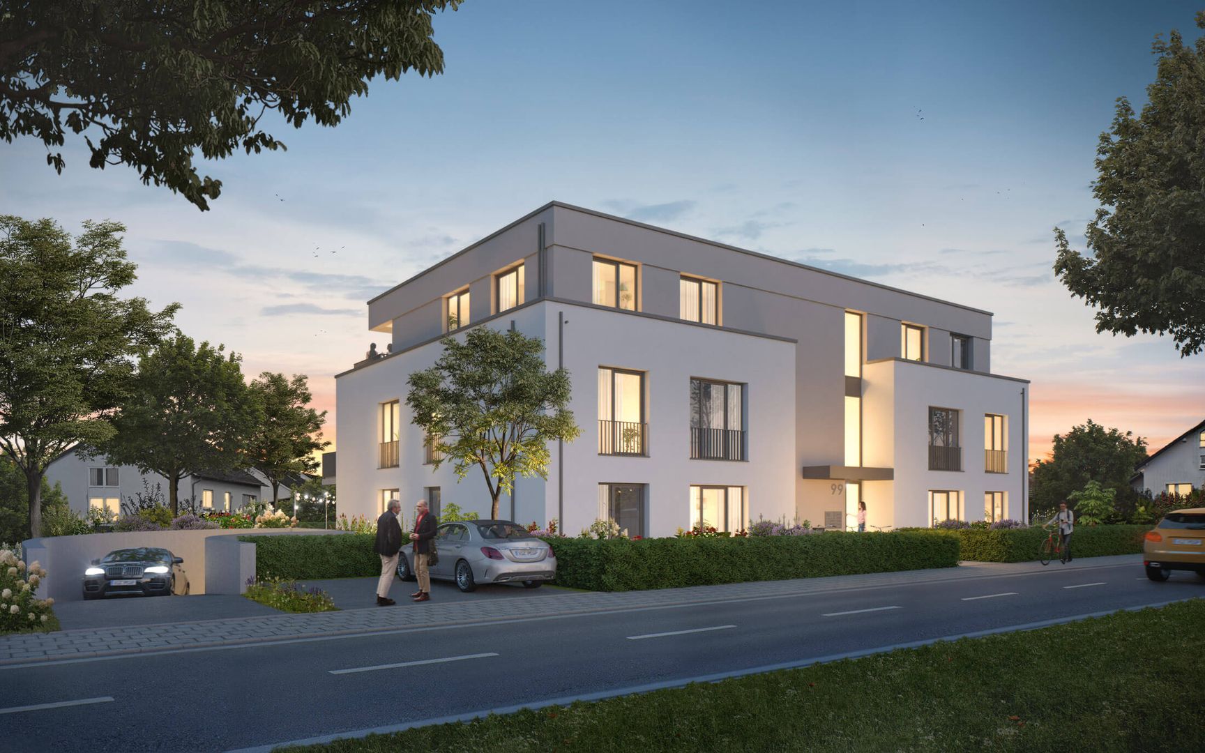 Moderne Wohnanlage mit begrüntem Parkplatz und Gemeinschaftsbereichen im Freien