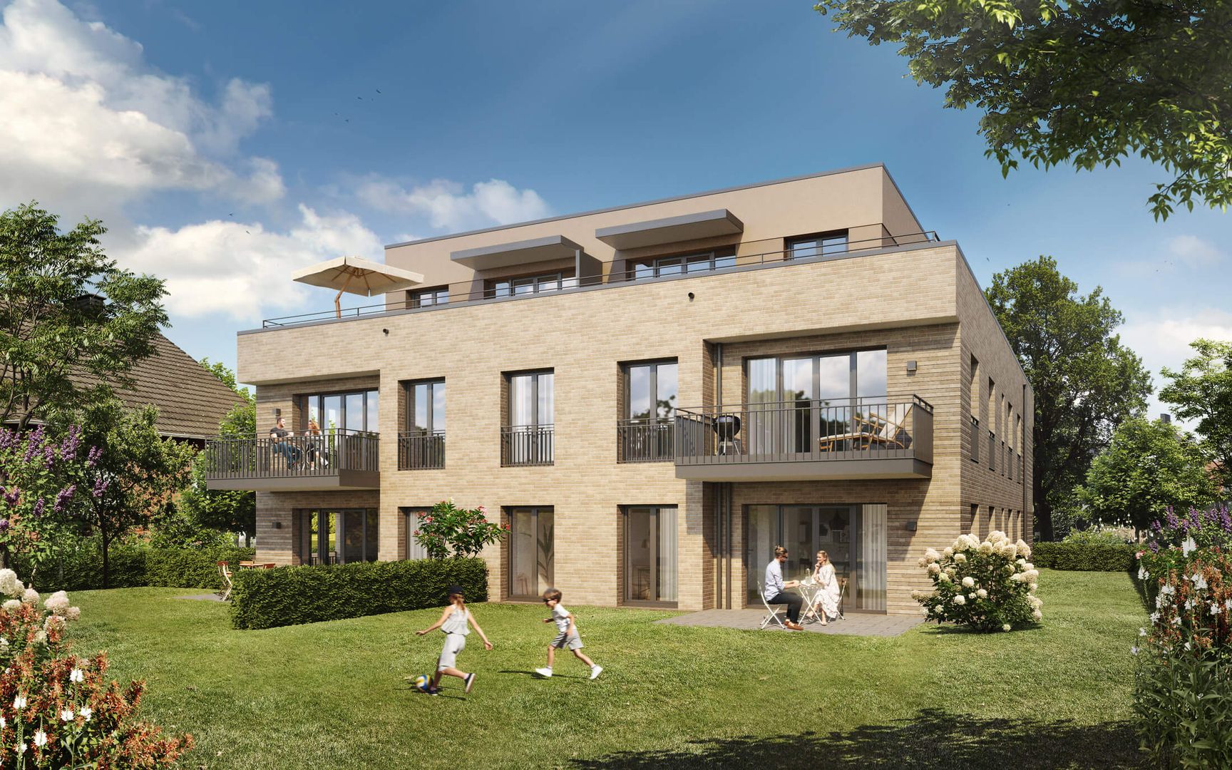 Modernes Mehrfamilienhaus mit Flachdach in der Abenddämmerung - Neubau Eigentumswohnungen