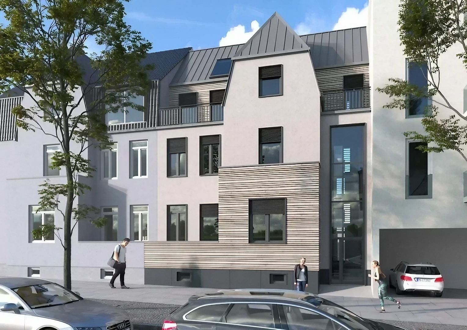 Moderne Fassadengestaltung eines mehrgeschossigen Wohnhauses mit Holzlamellen, großen Fenstern, Metall-Dachaufbauten und integriertem Eingang in einer städtischen Straße.