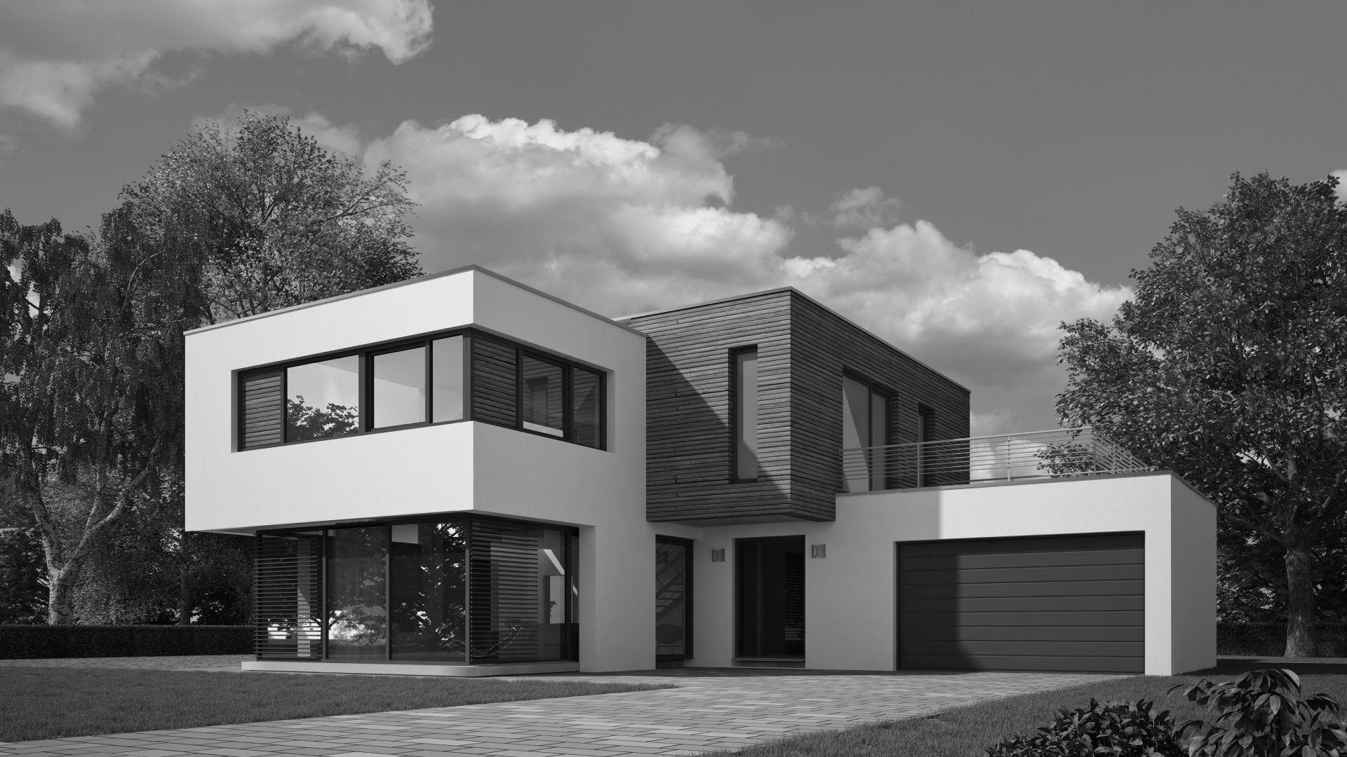 Modernes zweigeschossiges Einfamilienhaus mit klarer kubischer Architektur, großen Fensterflächen und integrierter Garage, umgeben von Bäumen.