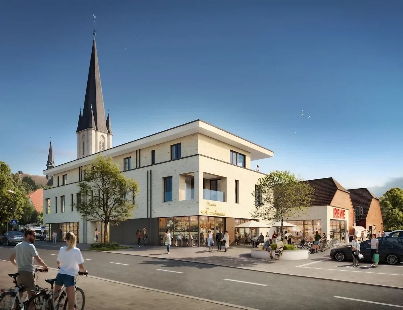 Fassadenansicht eines modernen Wohn- und Geschäftsbaus in Lippetal.